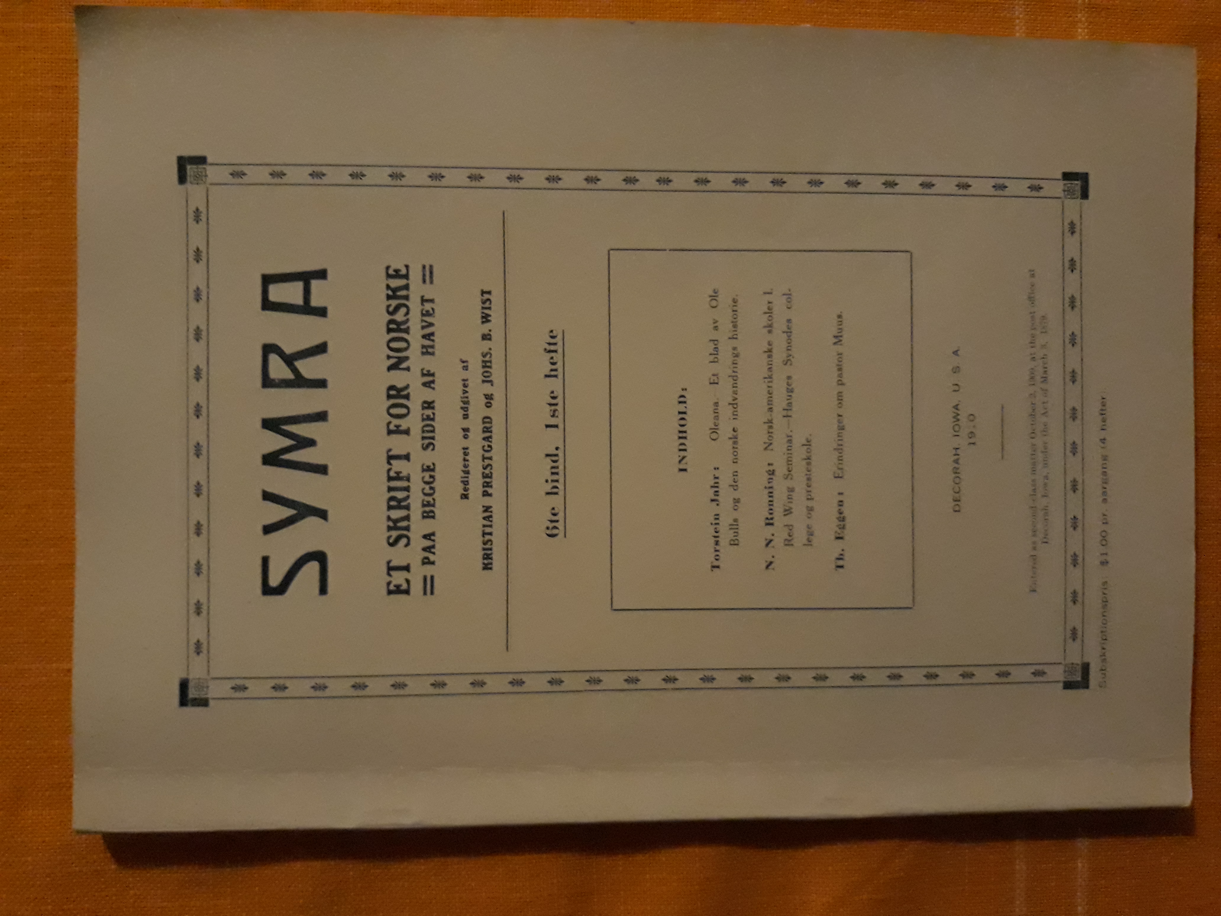 Symra. 6te bind, 1ste hefte. Et skrift for norske paa begge sider af havet