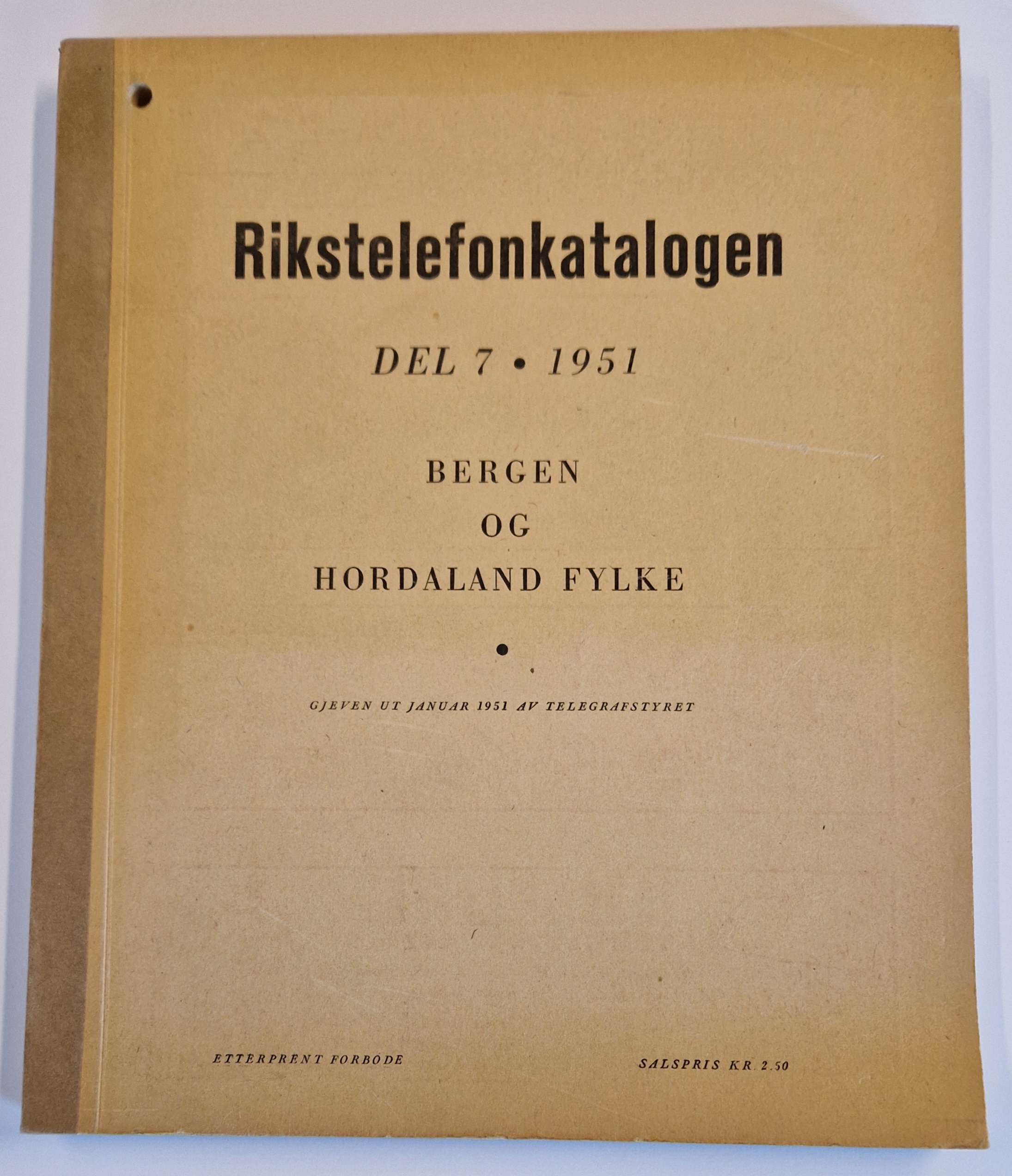 Rikstelefonkatalogen. Del 7. 1951. Bergen og Hordaland fylke